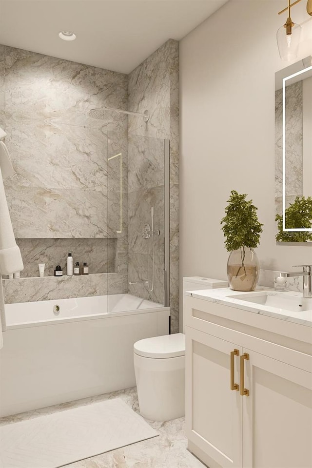 7176 S Shore Dr, South Pasadena, FL 33707 - bathroom featuring toilet, marble finish flooring, vanity, and shower / bath combination