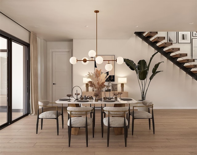 7176 S Shore Dr, South Pasadena, FL 33707 - dining space featuring light wood-style floors, a chandelier, baseboards, and stairway