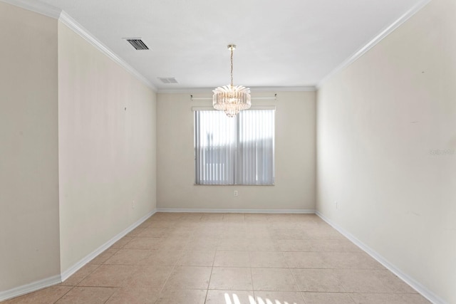 tiled empty room featuring an inviting chandelier and ornamental molding