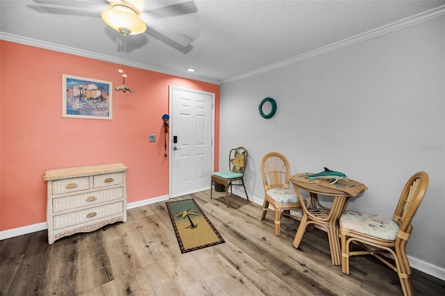 foyer with hardwood / wood-style floors, a textured ceiling, and ornamental molding