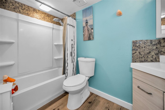 full bathroom featuring shower / bathtub combination with curtain, vanity, toilet, and wood-type flooring