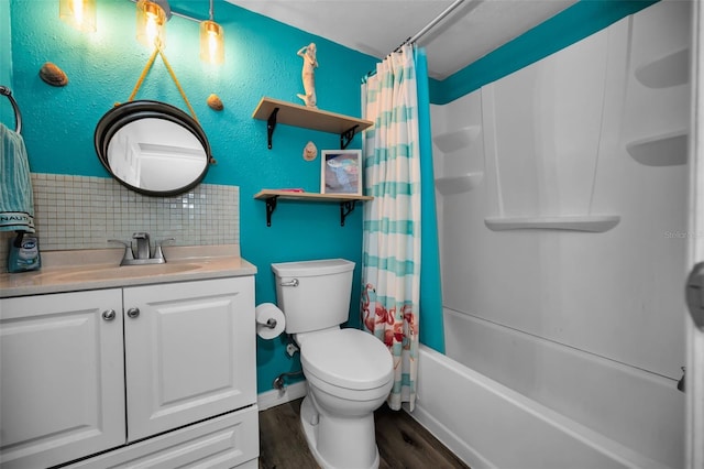 full bathroom featuring vanity, hardwood / wood-style flooring, decorative backsplash, toilet, and shower / bath combo with shower curtain