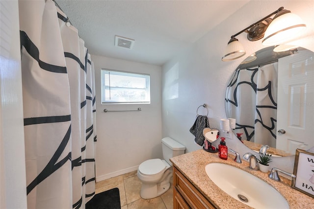 3207 Acacia St, Lutz, FL 33558 - bathroom with toilet, vanity, baseboards, tile patterned floors, and curtained shower