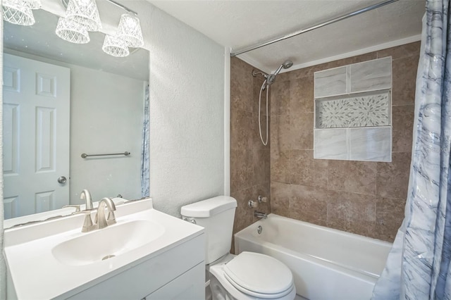 full bathroom featuring toilet, vanity, a textured ceiling, and shower / bathtub combination with curtain