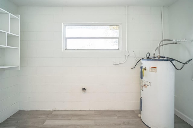 interior space with hardwood / wood-style floors and water heater