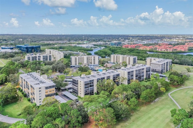 bird's eye view with a water view