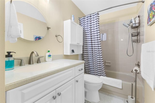 full bathroom featuring vanity, shower / bath combination with curtain, and toilet