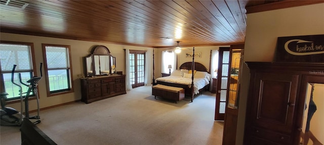 carpeted bedroom featuring wooden ceiling