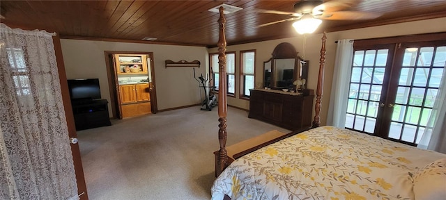 bedroom with french doors, light colored carpet, wood ceiling, access to exterior, and ceiling fan