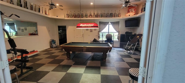 playroom featuring pool table, a towering ceiling, and ceiling fan