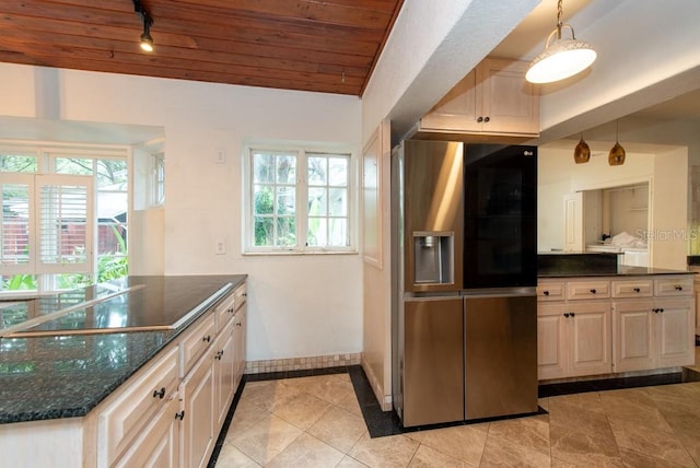 kitchen with stainless steel refrigerator with ice dispenser, plenty of natural light, decorative light fixtures, and wood ceiling