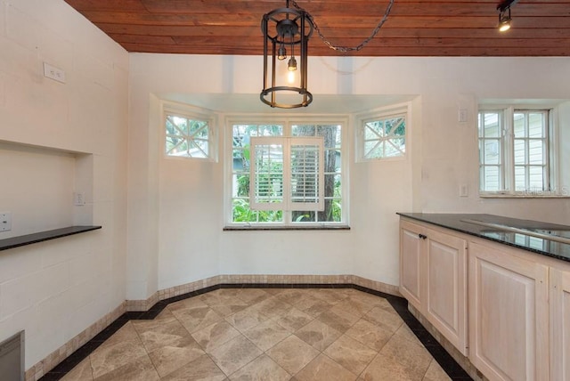 unfurnished dining area featuring wooden ceiling and a healthy amount of sunlight