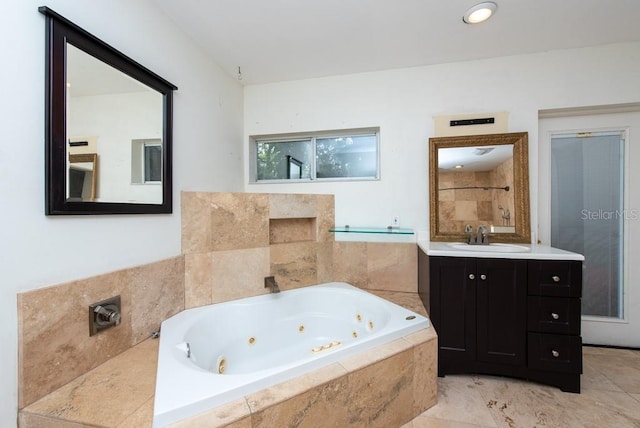 bathroom with vanity, tile patterned flooring, and separate shower and tub