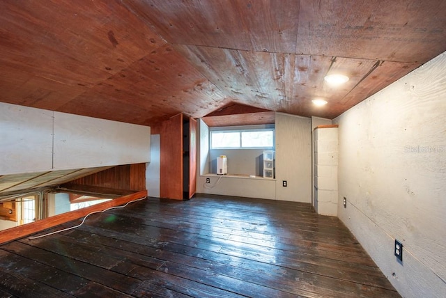 bonus room with wooden ceiling, dark hardwood / wood-style flooring, and vaulted ceiling