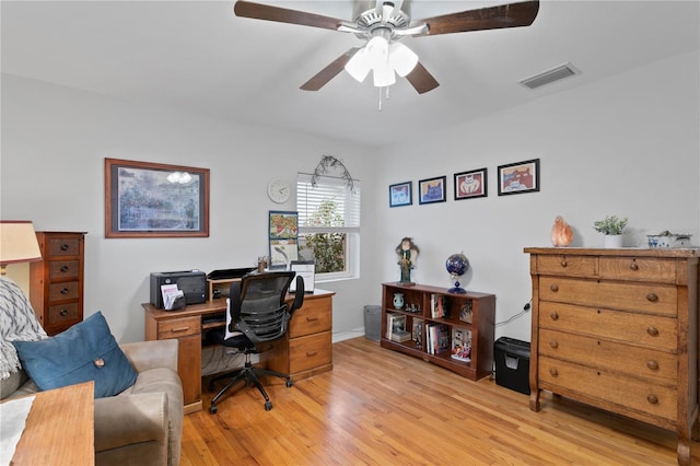 home office featuring light hardwood / wood-style flooring and ceiling fan