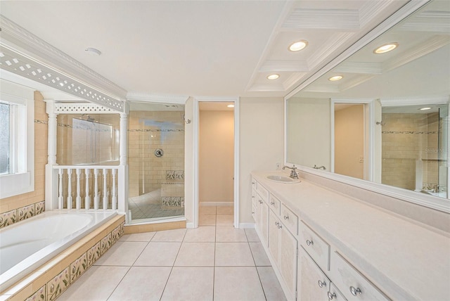 bathroom with vanity, tile patterned floors, independent shower and bath, and crown molding