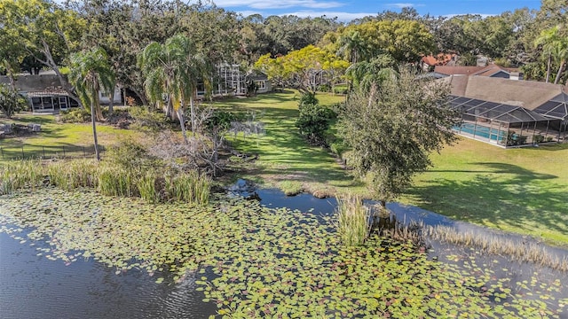 bird's eye view with a water view