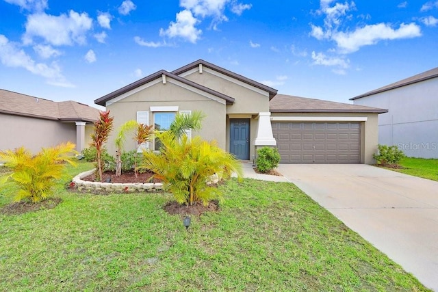 single story home with a garage and a front yard