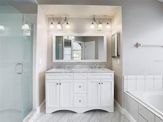 bathroom featuring independent shower and bath and vanity