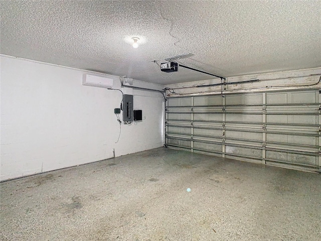 garage featuring electric panel, a garage door opener, and an AC wall unit