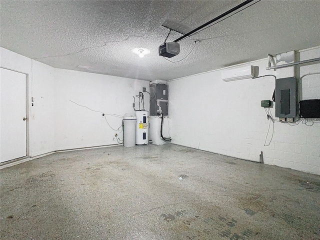 garage with electric water heater, electric panel, a wall mounted air conditioner, and a garage door opener