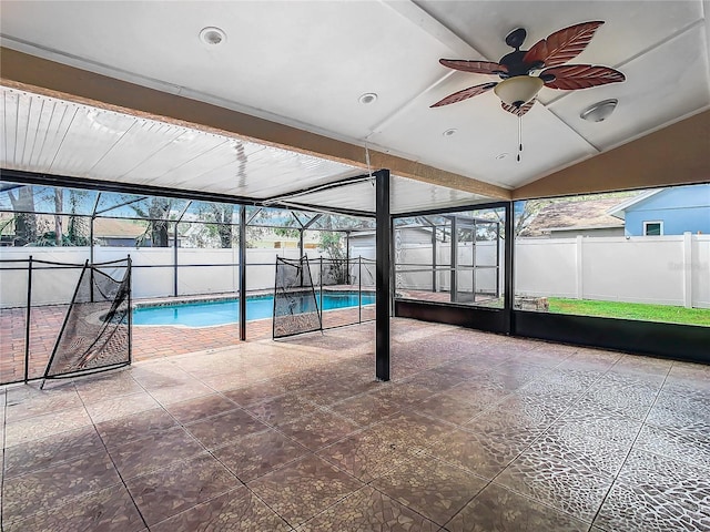 view of swimming pool featuring ceiling fan