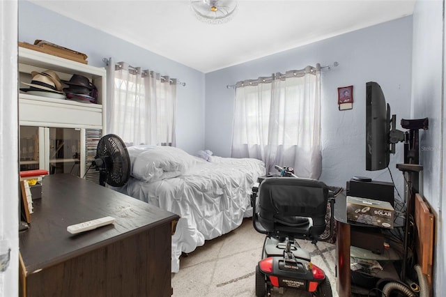 bedroom with light colored carpet