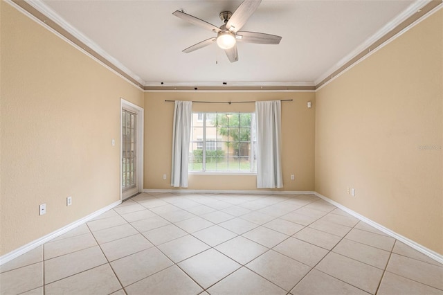 empty room with light tile patterned floors, ceiling fan, and crown molding