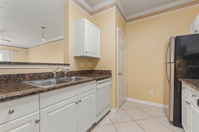 kitchen with dishwasher, sink, crown molding, white cabinetry, and stainless steel fridge