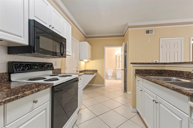 kitchen featuring white cabinetry, sink, crown molding, decorative backsplash, and electric range