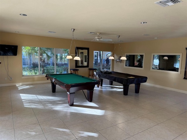 recreation room with ceiling fan, light tile patterned floors, and billiards