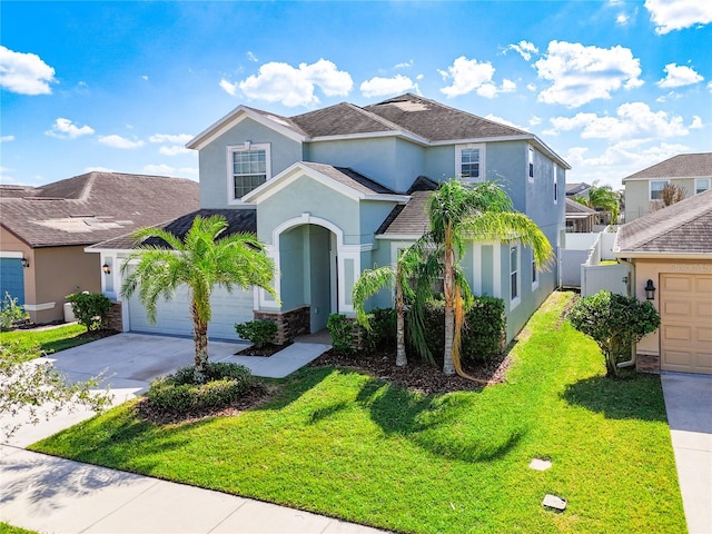 view of front facade featuring a front lawn and a garage