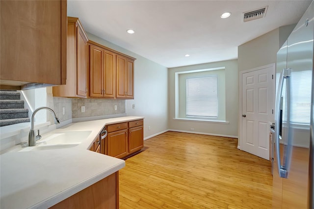 kitchen featuring light wood-type flooring, appliances with stainless steel finishes, sink, and decorative backsplash