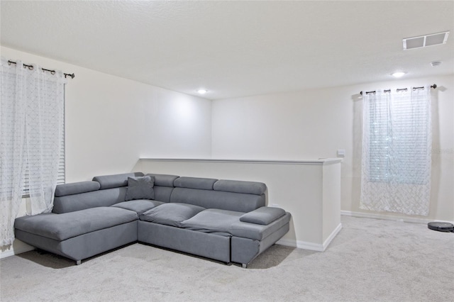 living room featuring light carpet