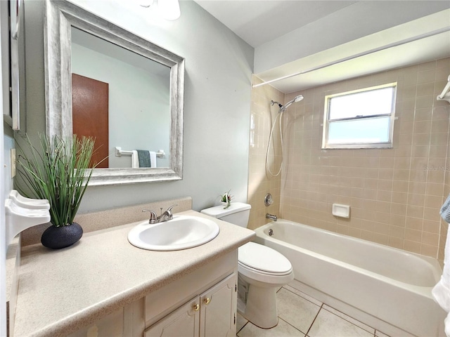 bathroom with shower / washtub combination, tile patterned flooring, vanity, and toilet