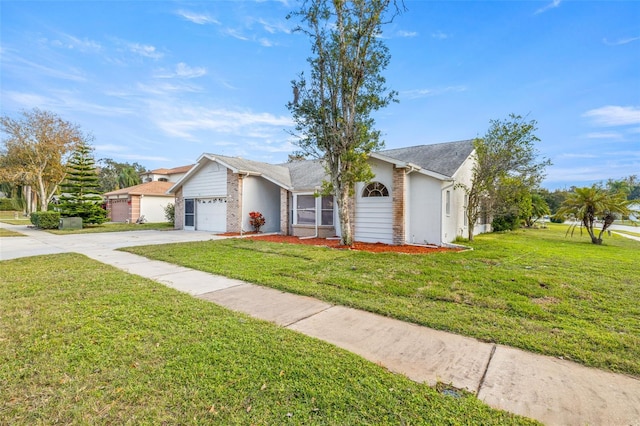 ranch-style home with a garage and a front lawn