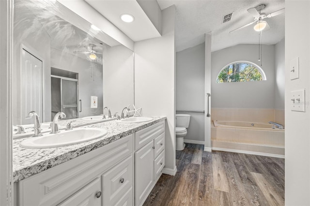 8404 Millwood Dr, Hudson, FL 34667 - bathroom with a ceiling fan, toilet, lofted ceiling, double vanity, and a garden tub