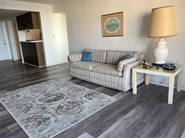 living room with dark hardwood / wood-style flooring