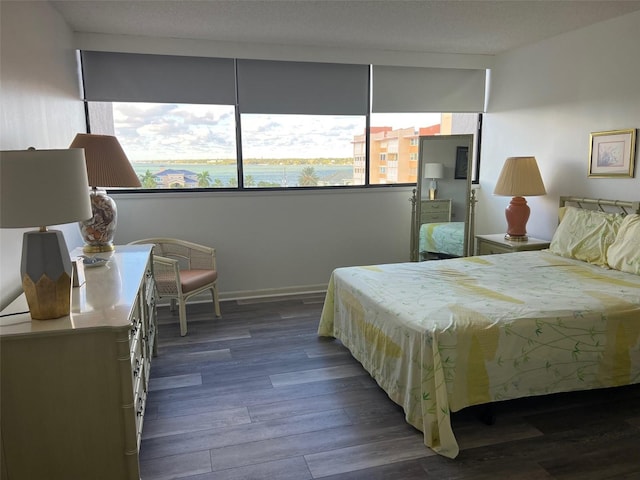 bedroom featuring a water view, multiple windows, and dark hardwood / wood-style floors