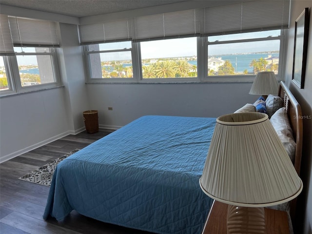 bedroom featuring a water view, a textured ceiling, multiple windows, and dark hardwood / wood-style floors