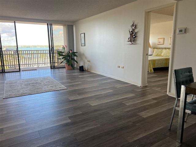 unfurnished room with a wall of windows, dark hardwood / wood-style floors, and a textured ceiling