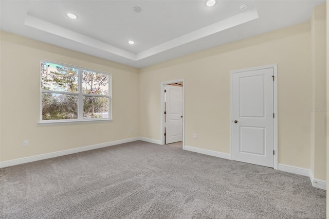 carpeted spare room featuring a raised ceiling