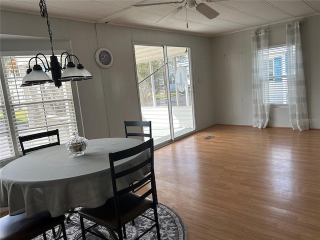 dining room with wood-type flooring, wooden walls, and ceiling fan with notable chandelier