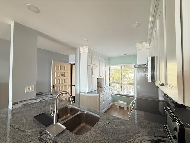 6268 Palma Del Mar Blvd S Unit 215, Saint Petersburg, FL 33715 - kitchen featuring a sink, white cabinetry, dark stone counters, dark wood-style flooring, and recessed lighting
