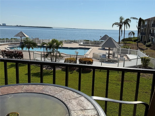 6268 Palma Del Mar Blvd S Unit 215, Saint Petersburg, FL 33715 - balcony featuring view of pool area, a water view, and a patio area