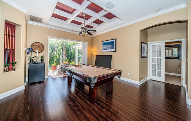 rec room with beam ceiling, crown molding, dark hardwood / wood-style floors, and coffered ceiling