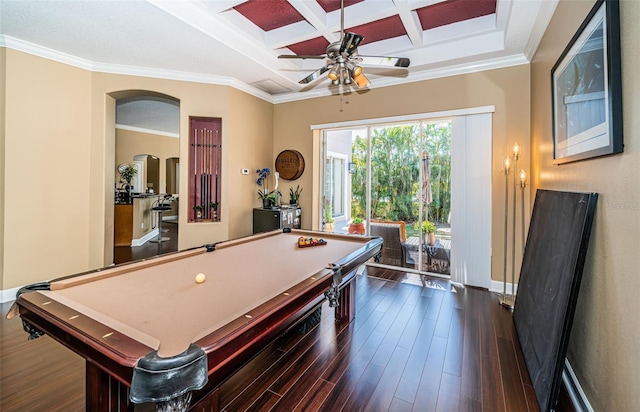 recreation room with dark hardwood / wood-style flooring, coffered ceiling, ceiling fan, crown molding, and pool table