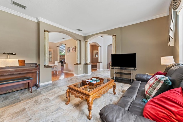 living room with crown molding