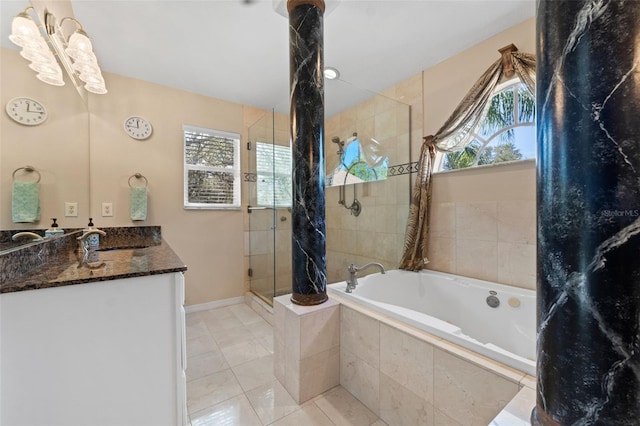 bathroom with separate shower and tub, vanity, and tile patterned flooring