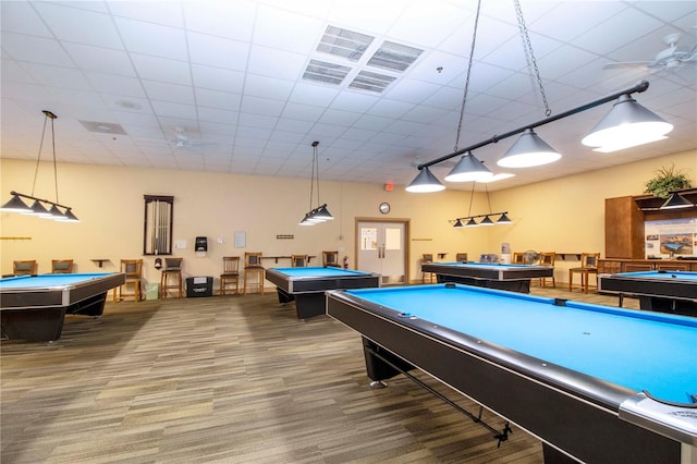 rec room with carpet flooring, billiards, and ceiling fan